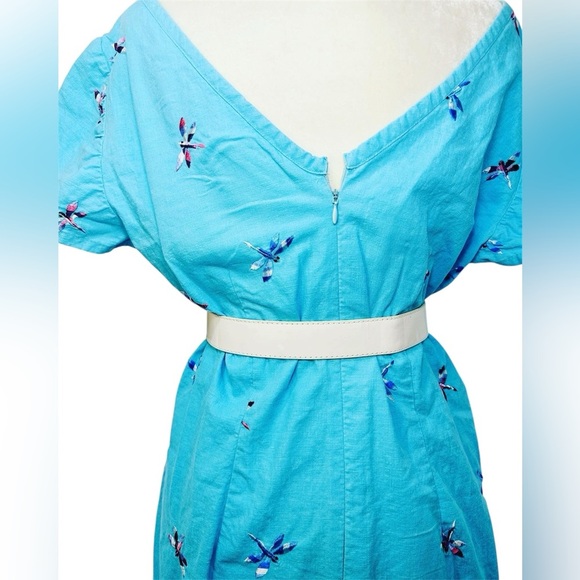 VTG SZ L Sun dress, Dragonflies Turquoise Floral Embroidered Dress Spring Easter - Picture 2 of 5